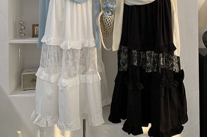 Elastic Waist Lace Panel Ruffle Maxi Skirt