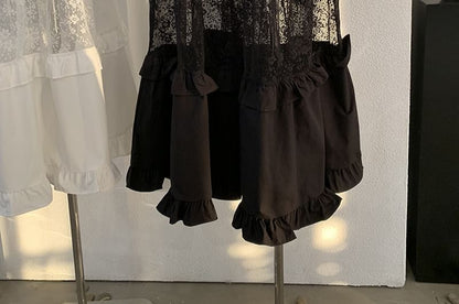 Elastic Waist Lace Panel Ruffle Maxi Skirt
