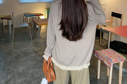 Round Neck Striped Lace Long Sleeve Blouse