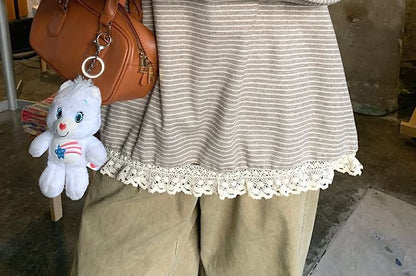 Round Neck Striped Lace Long Sleeve Blouse