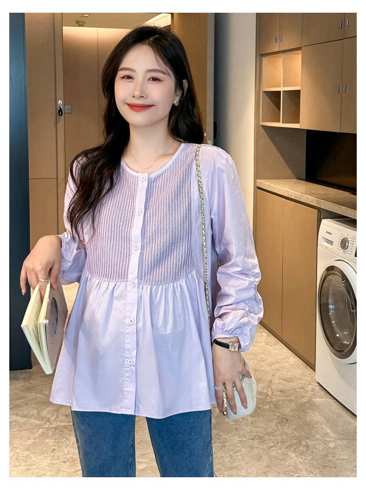 Maternity Long Sleeve Round Neck Solid Panel Peplum Blouse
