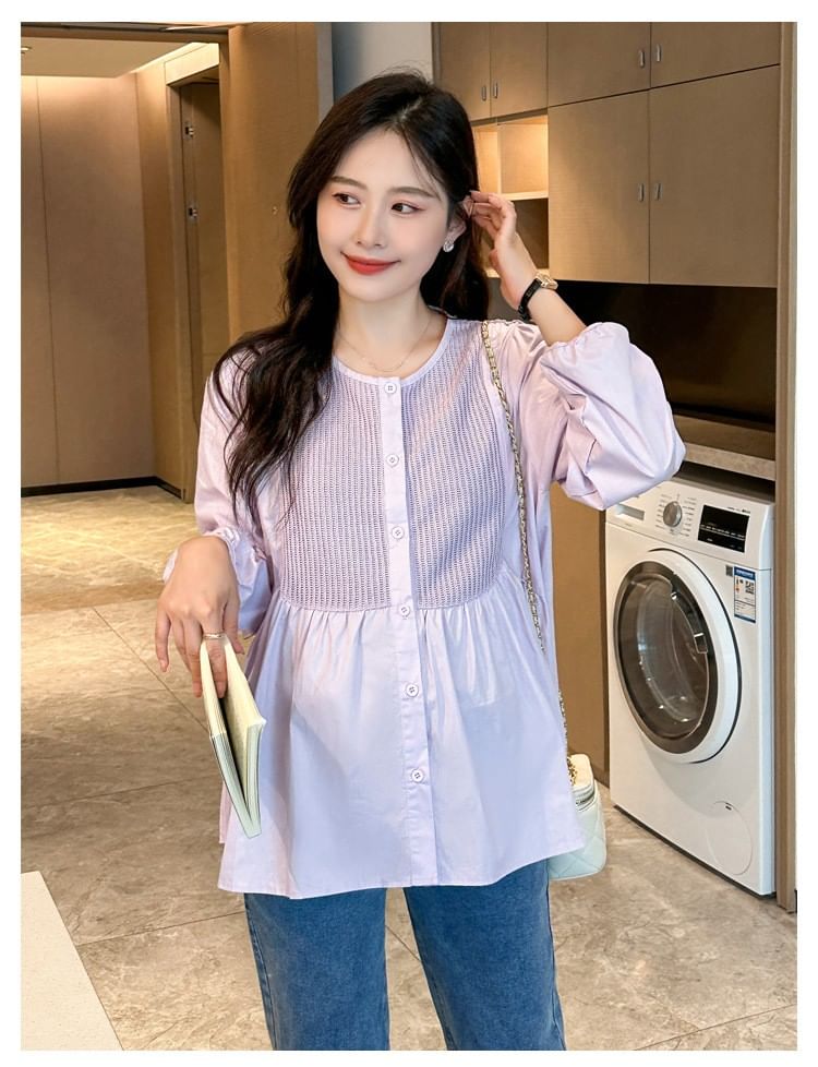 Maternity Long Sleeve Round Neck Solid Panel Peplum Blouse