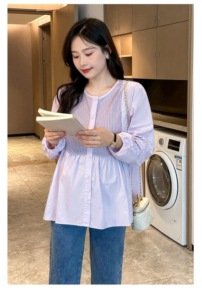 Maternity Long Sleeve Round Neck Solid Panel Peplum Blouse