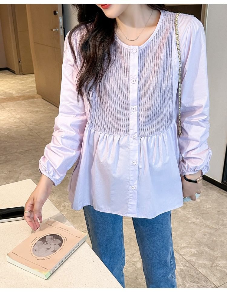 Maternity Long Sleeve Round Neck Solid Panel Peplum Blouse