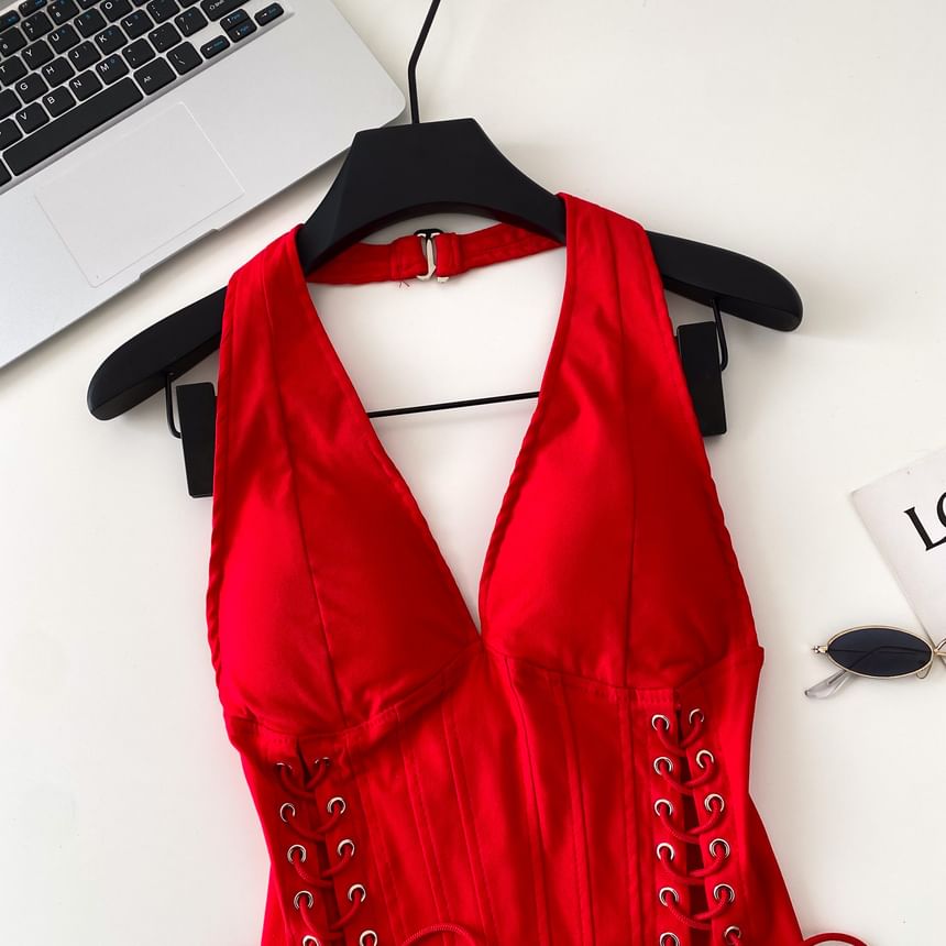 Halter V-Neck Lace-Up Camisole Top