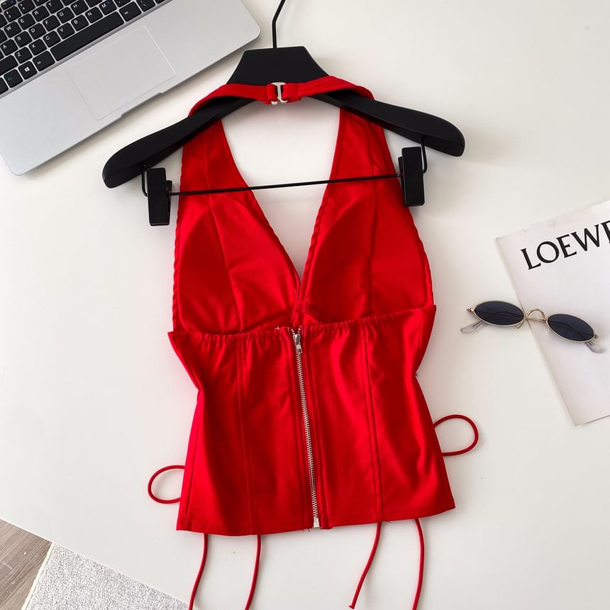Halter V-Neck Lace-Up Camisole Top