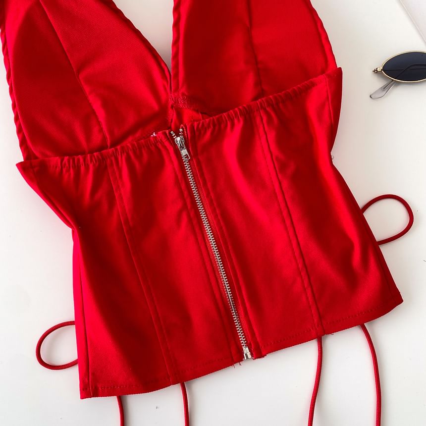 Halter V-Neck Lace-Up Camisole Top
