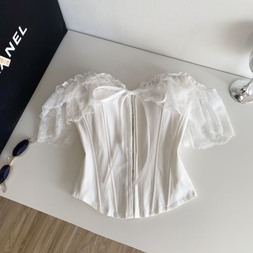 Short-Sleeve Off-Shoulder Lace Bustier Top