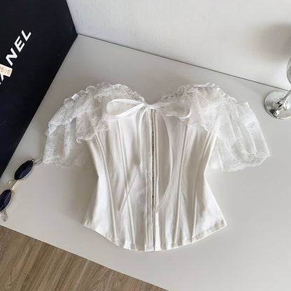 Short-Sleeve Off-Shoulder Lace Bustier Top