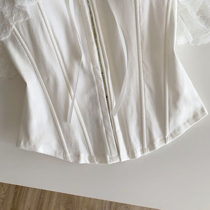 Short-Sleeve Off-Shoulder Lace Bustier Top
