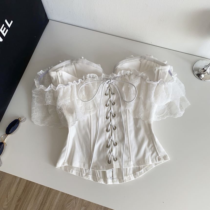 Short-Sleeve Off-Shoulder Lace Bustier Top