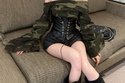 Camo Print Off-Shoulder Ruched Lace Crop Top