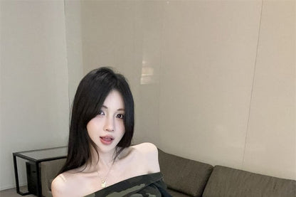Camo Print Off-Shoulder Ruched Lace Crop Top