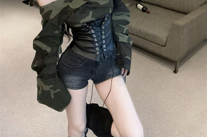 Camo Print Off-Shoulder Ruched Lace Crop Top