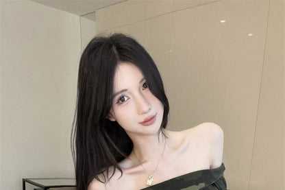 Camo Print Off-Shoulder Ruched Lace Crop Top