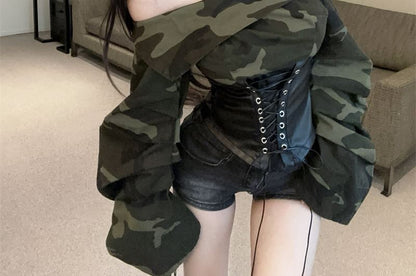 Camo Print Off-Shoulder Ruched Lace Crop Top