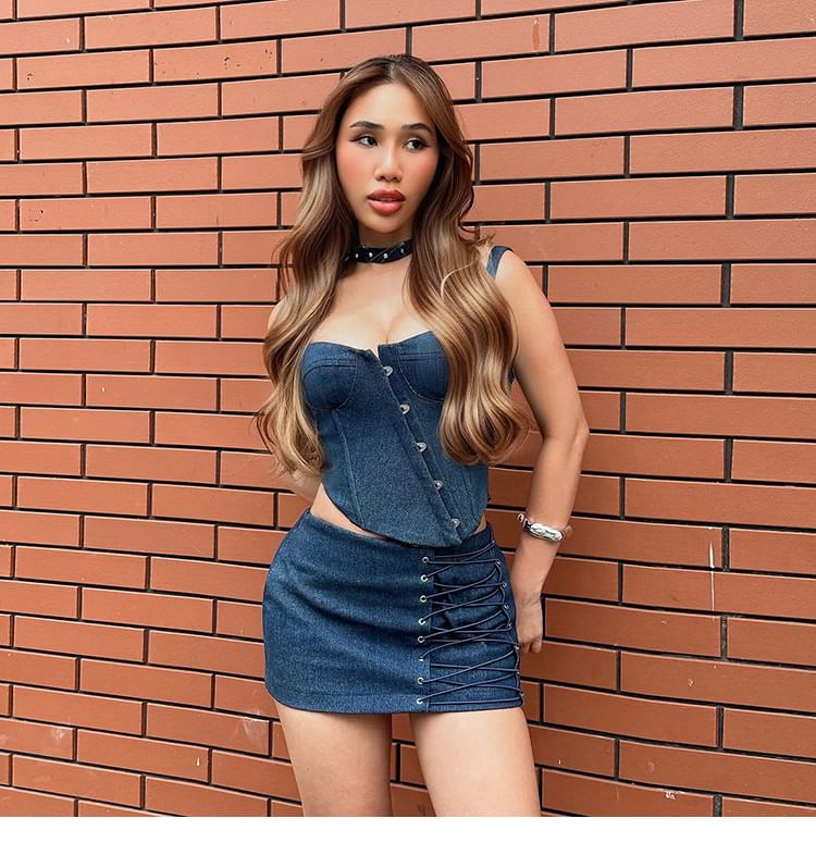 Asymmetric Denim Bustier and Lace-Up Mini Skirt Set