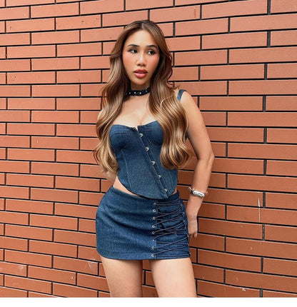 Asymmetric Denim Bustier and Lace-Up Mini Skirt Set