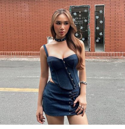 Asymmetric Denim Bustier and Lace-Up Mini Skirt Set
