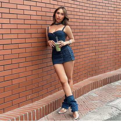 Asymmetric Denim Bustier and Lace-Up Mini Skirt Set