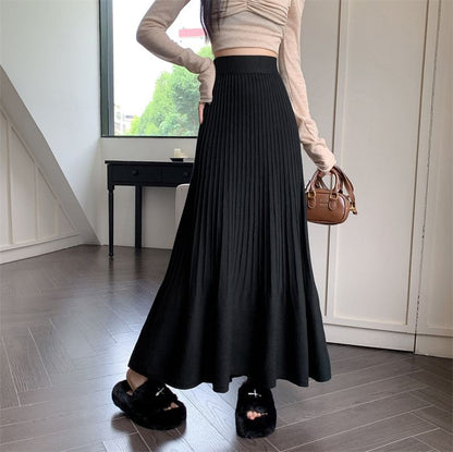 Accordion Pleated Midi Knit Skirt with High Waist