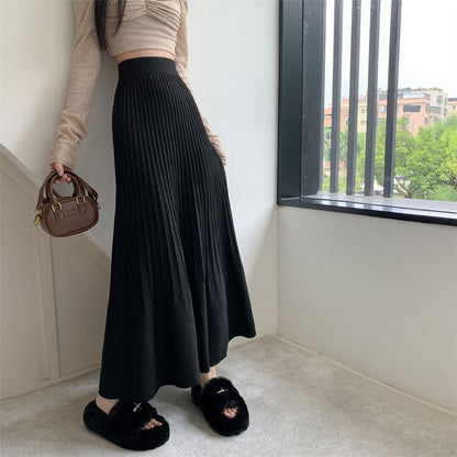 Accordion Pleated Midi Knit Skirt with High Waist
