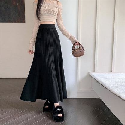 Accordion Pleated Midi Knit Skirt with High Waist