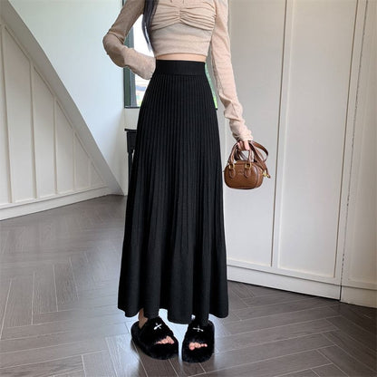 Accordion Pleated Midi Knit Skirt with High Waist