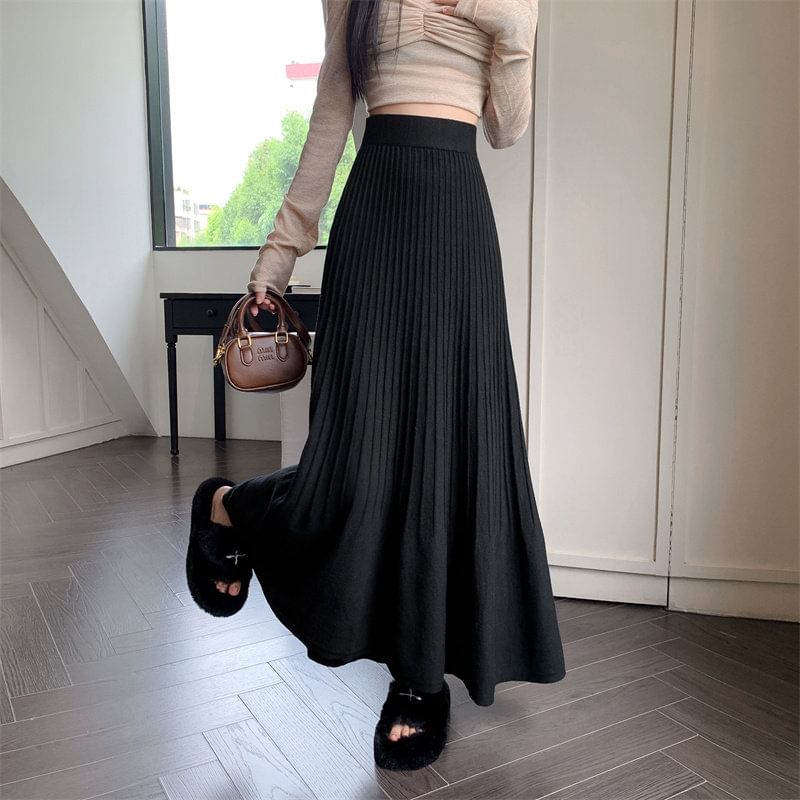 Accordion Pleated Midi Knit Skirt with High Waist
