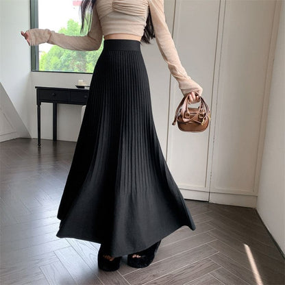 Accordion Pleated Midi Knit Skirt with High Waist