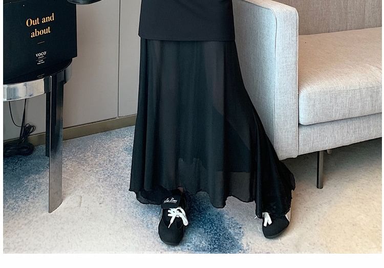 Mesh Panel Mermaid Midi Skirt with High Waist
