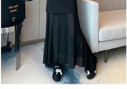Mesh Panel Mermaid Midi Skirt with High Waist