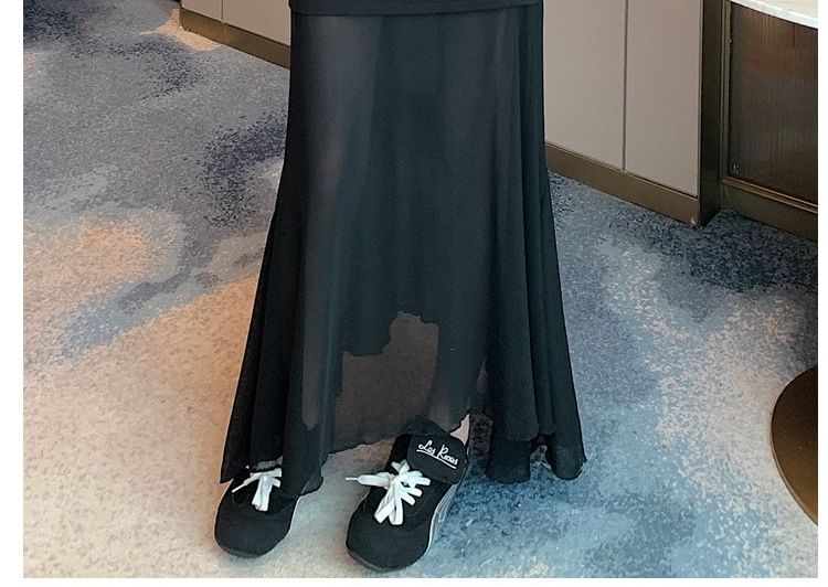 Mesh Panel Mermaid Midi Skirt with High Waist