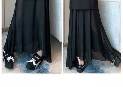 Mesh Panel Mermaid Midi Skirt with High Waist