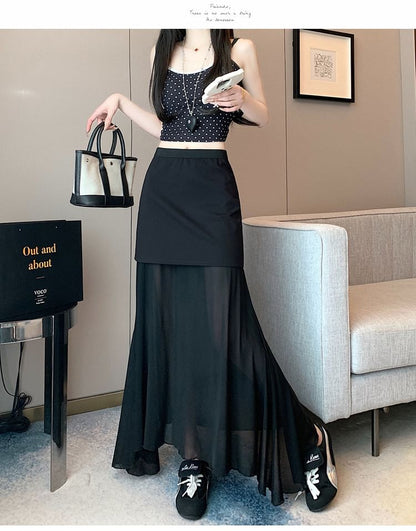 Mesh Panel Mermaid Midi Skirt with High Waist