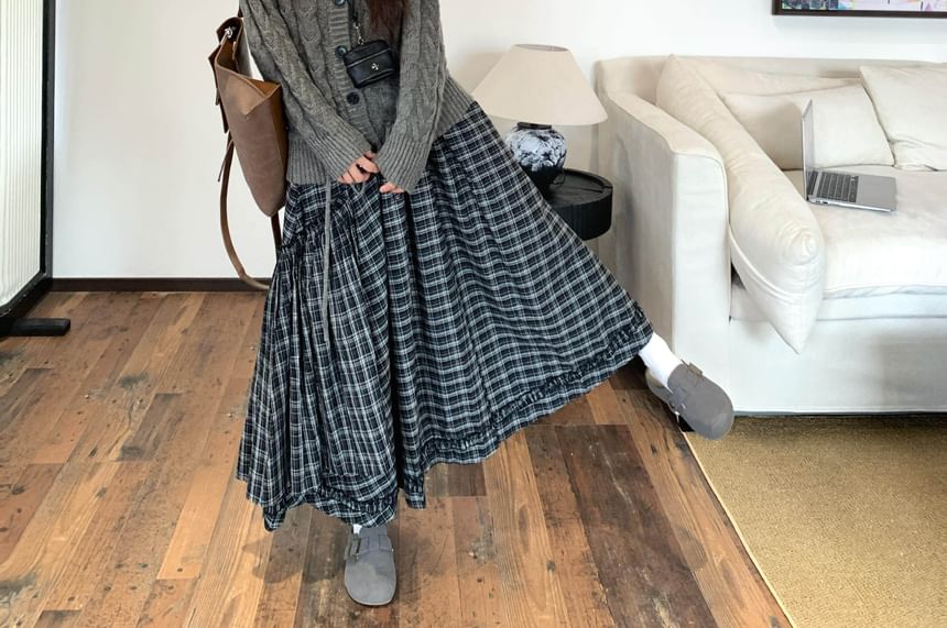 Plaid Ruffled Midi Skirt with Cable Knit Cardigan Set