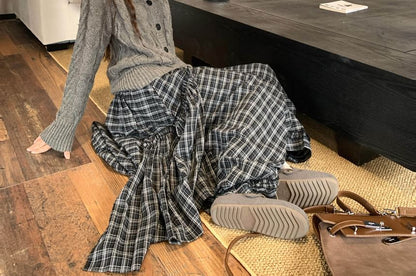 Plaid Ruffled Midi Skirt with Cable Knit Cardigan Set