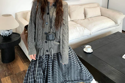 Plaid Ruffled Midi Skirt with Cable Knit Cardigan Set