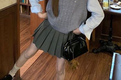 V-Neck Knit Vest and Button-Up Shirt with Pleated Mini Skirt Set