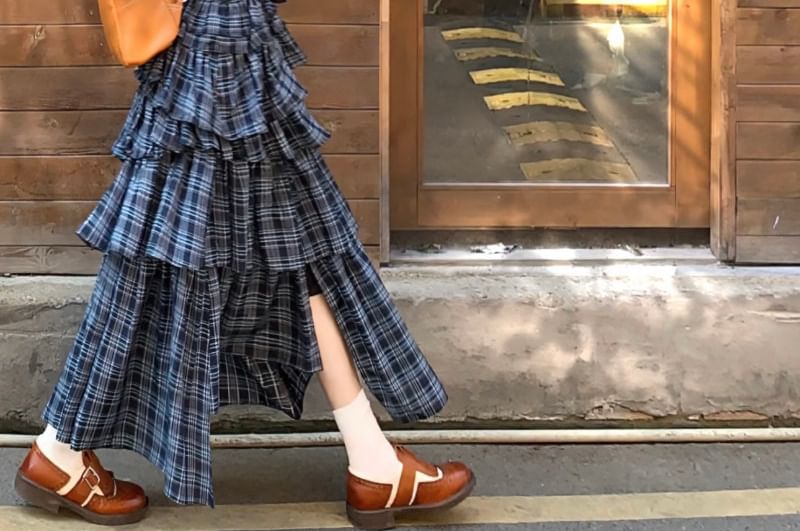 Plaid Layered Midi A-Line Skirt with High Waist