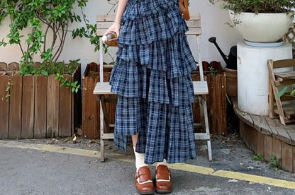 Plaid Layered Midi A-Line Skirt with High Waist