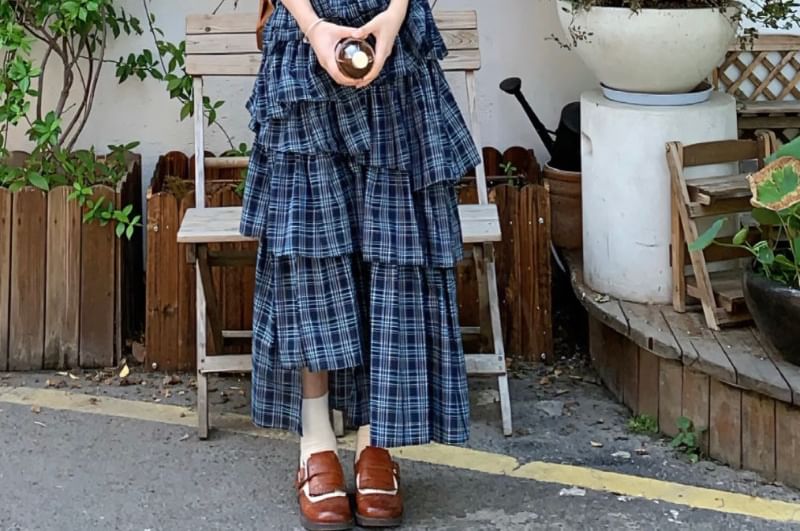 Plaid Layered Midi A-Line Skirt with High Waist