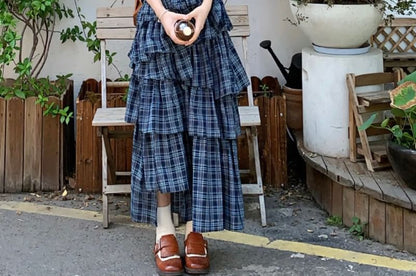 Plaid Layered Midi A-Line Skirt with High Waist