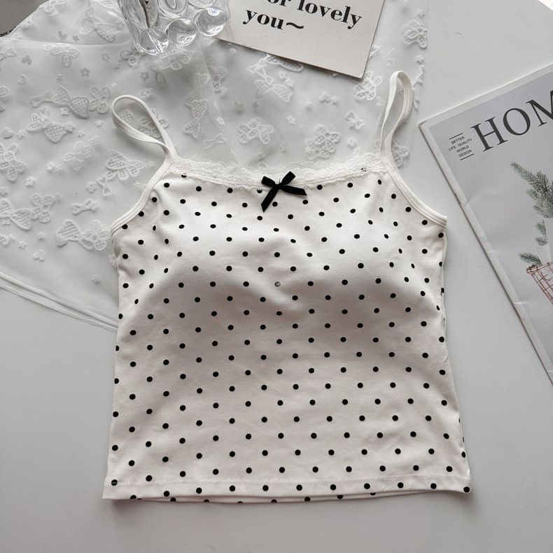 Scoop Neck Lace-Trim Dotted Slim Camisole