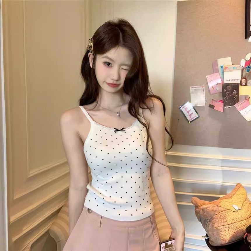 Scoop Neck Lace-Trim Dotted Slim Camisole