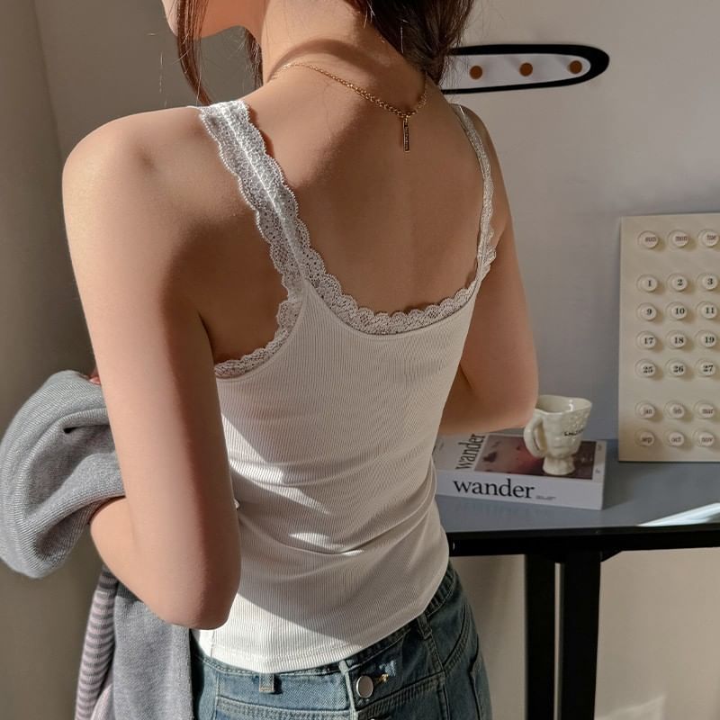 Scoop Neck Lace-Trim Slim Tank Top