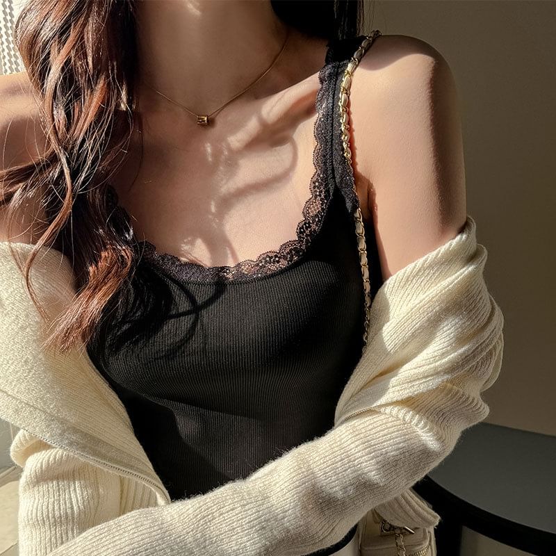 Scoop Neck Lace-Trim Slim Tank Top