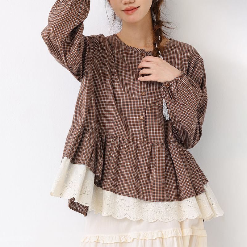 Plaid Lace Panel Button-Front Blouse