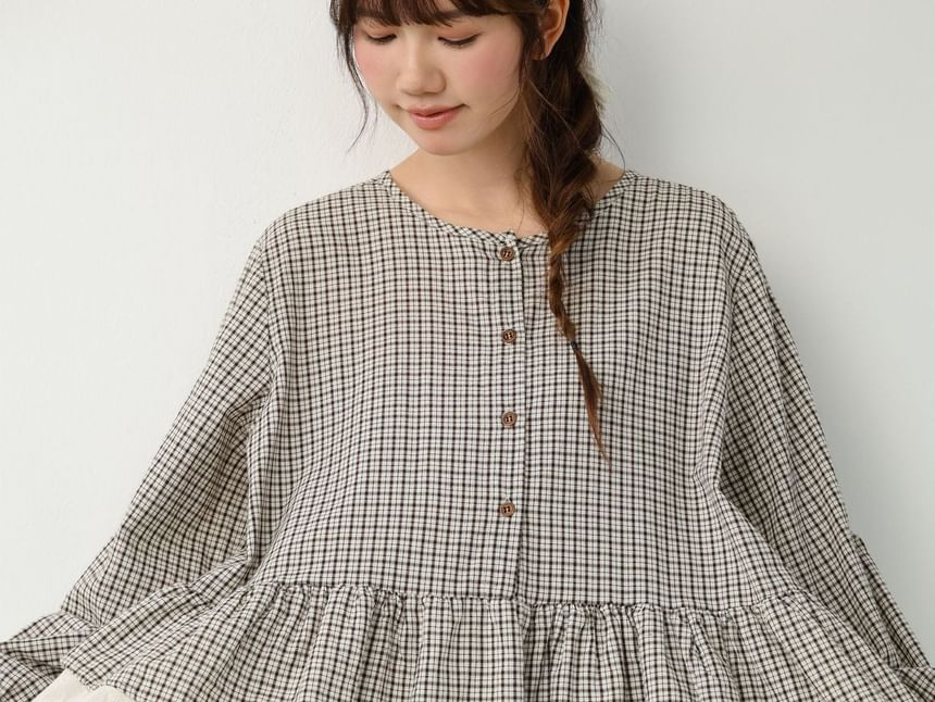 Plaid Lace Panel Button-Front Blouse