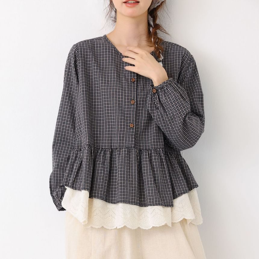 Plaid Lace Panel Button-Front Blouse